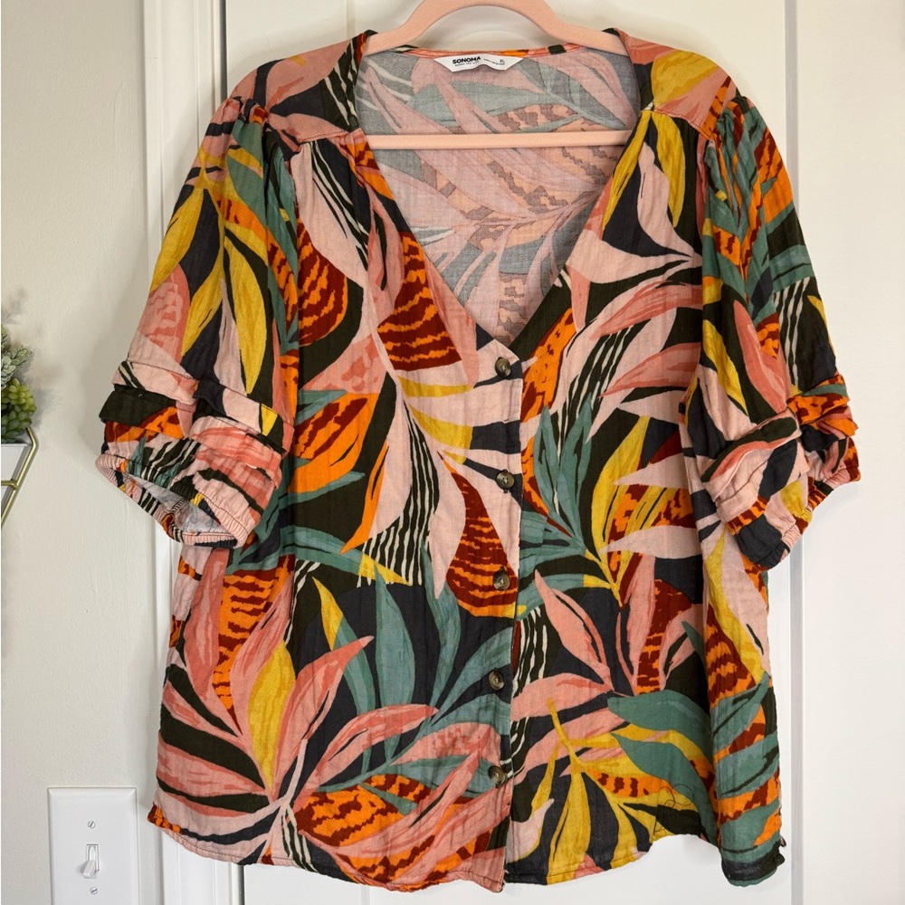 Sonoma Button Front Tropical Gauze Print Top
